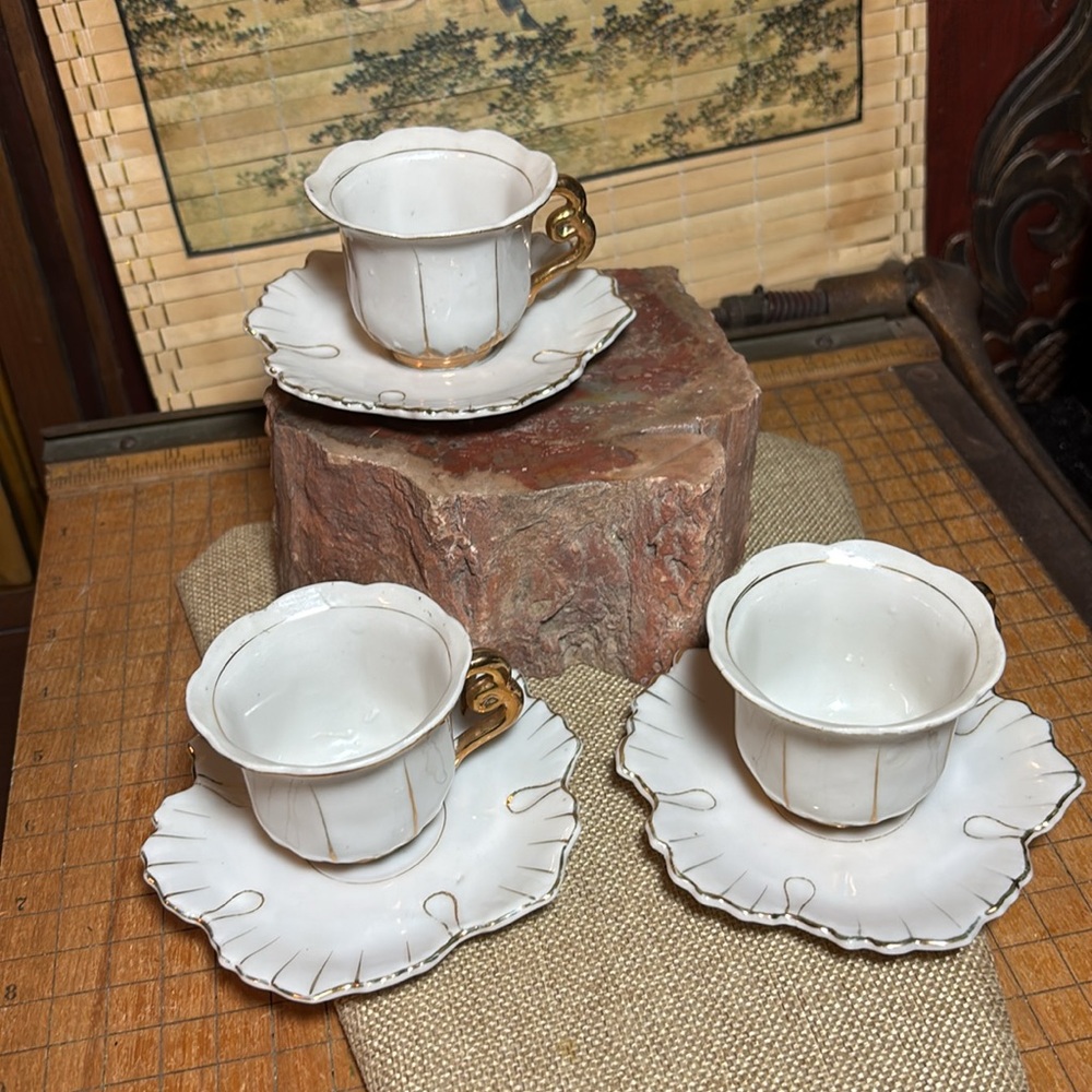 Cup and Saucer Child’s Set of 3 White w Gild Trim Occupied Japan 4.25”Lx2.5”H